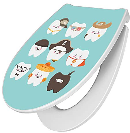 banjado Premium Toilettendeckel mit Absenkautomatik 45x38,4cm / WC Brille Soft Close/hygienischer Toilettendeckel/Klodeckel Duroplast mit Edelstahl Scharnier/Motiv Neun Zähne