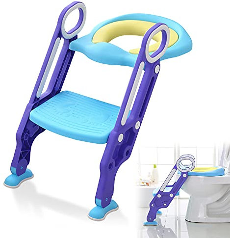 LZQ Toilettensitz Kinder mit treppe für 1-7 jährige, Töpfchentrainer mit PU Kissen und Griffen, Toiletten-Trainer, Kinder-Töpfchen mit Leiter rutschfest Klappbar Höhenverstellbar - Blau