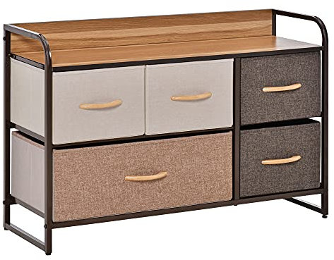 HOMCOM 5-Drawer Dresser, Linen Fabric Chest of Drawers, Dresser Tower Unit for Bedroom Hallway Entryway, Storage Organizer with Steel Frame Wooden Top