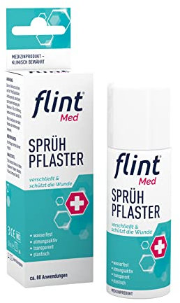 flint Med Sprühpflaster – Verschließt und schützt die Wunde, wasserfest, atmungsaktiv, elastisch und transparent, Pflasterspray klinisch bewährt, bis zu 80 Anwendungen, 50 ml