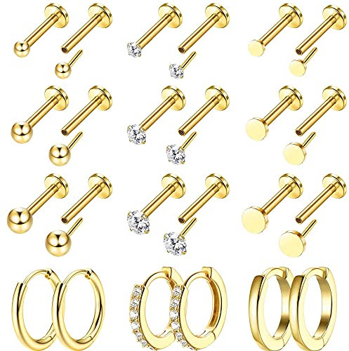 Morfetto 12 Paar winzige Ohrstecker 18 Karat vergoldeter Edelstahlohrring Sets für mehrere Piercings Kleine fadenlose flache Rückenohrringe Knorpel-Creolen Gold A