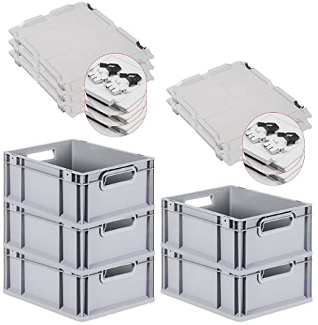 PROREGAL SuperSparSet 5x Eurobox NextGen Grip mit Scharnierdeckel und schwarzen Schiebeschnappverschlüssen, HxBxT 17x30x40cm, 16 L, Grau, Griffe offen, Eurobehälter, Transportbox