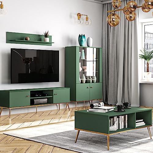 Lomadox Wohnwand Wohnzimmermöbel grün 3-teilig Modern, 1 Highboard, 1 Lowboard, 1 Couchtisch inkl. LED-Beleuchtung