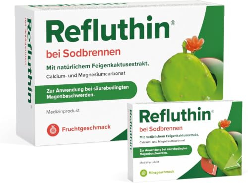 Refluthin bei Sodbrennen 48 + 16 Kautabletten mit Frucht- & Minzgeschmack | Lindert Sodbrennen, Reflux & saures Aufstoßen, schützt die Speiseröhre mit Feigenkaktusextrakt, gut verträglich & zuverlässig