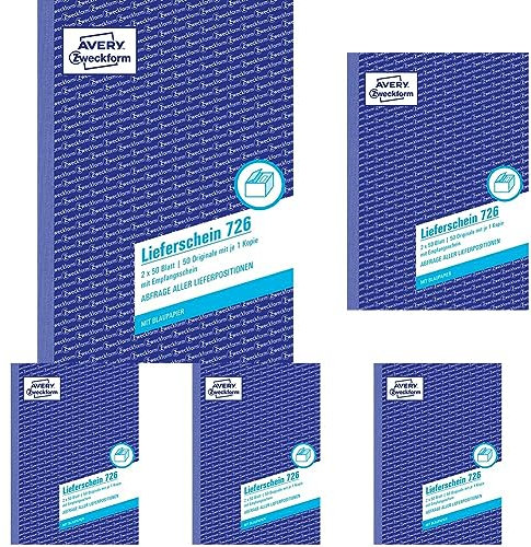 AVERY Zweckform 726 Lieferschein mit Empfangsschein (A5, 2x50 Blatt, mit 1 Blatt Blaupapier und farbigem Durchschlag, zur Abfrage aller Lieferpositionen) weiß/rosa (Packung mit 5)