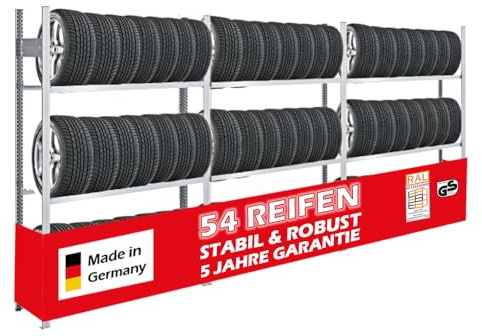 PROREGAL Reifenregal TIRE PRO Made in Germany | Komplettregal | HxBxT 200x450x43cm | 150kg Fachlast | bis zu 54 Reifen auf 3 Ebenen | Verzinkt | Reifenständer Garagenregal