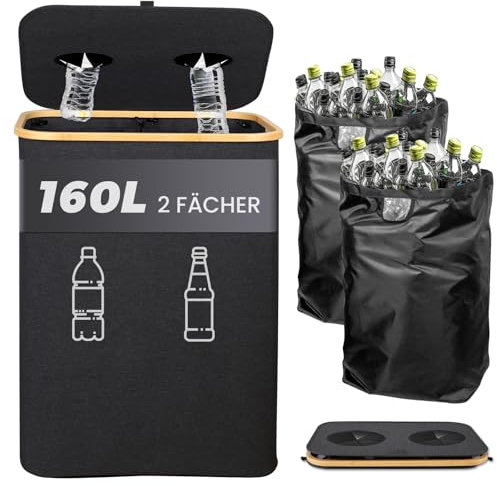 MIDINGCHAI Pfandflaschen Sammelbehälter 2 Fächer 160L - Wäschekorb mit Deckel, Behälter Leergut & Altglas & Papiermüll Sammelbehälter, Pfandflaschen Behälter Bambus mit Beutel, must have