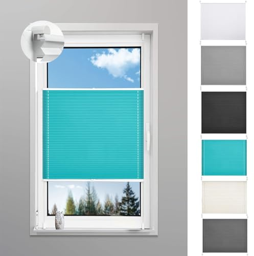 Thermo Plissee Ohne Bohren 70 x 90 cm Blickdicht - Sichtschutz - Sonnenschutz Plissee Zum Kleben mit Klemmträger / -fix für Fenster & Tür, Blau