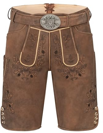 Krüger Herren Trachtenlederhose kurz, Modell: Antonio mit Gürtel, Knielang, Tracht, Volksfest