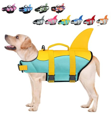 Giubbotti Di Salvataggio Per Cani Giubbotto Squalo Salvagente Per Animali Domestici Salvagente Gilet con Manico e Riflettente Per Cani Piccoli, Medi e Grandi, Taglia Regolabile Verde+Giallo L