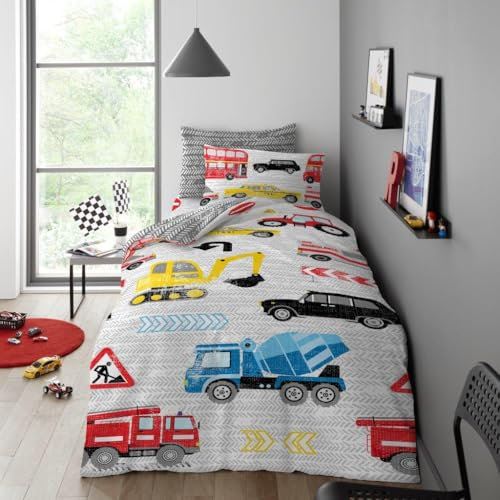 Lions Racing Cars Bedding Set - Kids Girls Boys Duvet Cover with Matching Pillowcase, Poly Cotton Soft Reversible Quilt Covers, Single Bed 137x200cm