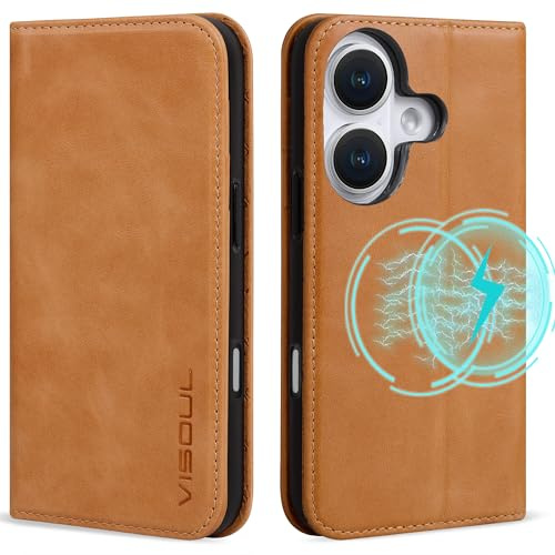 VS VISOUL Hülle für iPhone 16,Schutzhülle Echt Leder Schützt vor Stoß Kartenfach Magnetverschluss Stand klappbar handyhülle Handytasche Etui Case Braun A