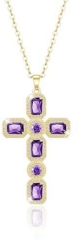 Linawe Collier en forme de croix en améthyste, chaîne en or pour femmes, chaîne en or avec pendentif en forme de croix, diamant violet, pierre de naissance, pendentif, chaîne en cristal, bijoux en or