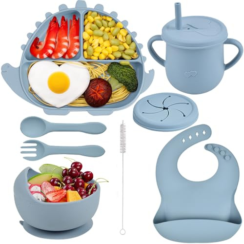 Delven Set Pappa Svezzamento, Silicone Stoviglie 8 Pezzi Piatto con Ventosa Ciotola Bavaglino Posate Svezzamento Tazza Coperchio Kit Pappa Viaggio,Antiscivolo per Neonato Bambini, Blu Chiaro Dinosauro