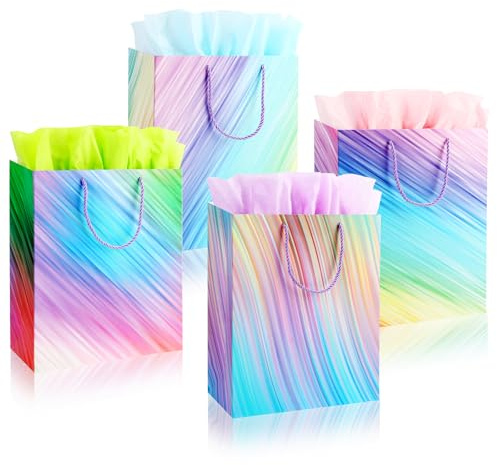 PHOGARY Pequeñas bolsas de regalo para regalos con papel de seda, bolsas de papel degradado coloridas con asas, bolsa de regalo de cumpleaños arcoíris para mujeres, hombres y niñas, bolsas de baby