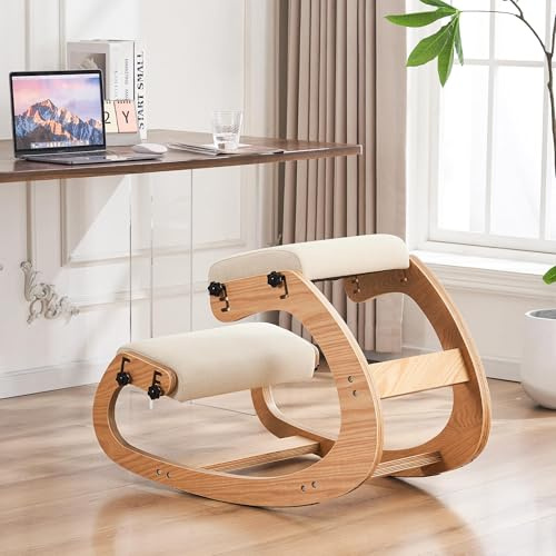 MoomJiee Ergonomischer Kniestuhl, verstellbarer Schaukelkniestuhl für Zuhause, Büro, Bürostuhl aus Holz zur Linderung von Rückenschmerzen, Beige