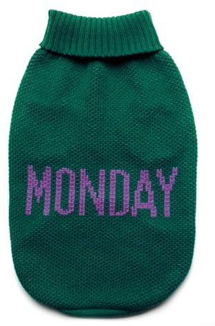 Record - Maglioncino per Cani Everyday. Maglione per Cani Morbido a Collo Alto con Passagamba Elasticizzato, Ricamato con scritta 'Monday' | Verde, S - Lunghezza dorso 35 cm