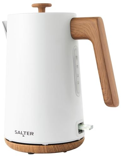 Salter Toronto Bouilloire 1,7L, Bouilloire Blanc Mat avec Effet Bois Sans Fil, Fonction Arrêt Rapide 3KW, Base à 360°, Avec Filtre Anticalcaire et Capteur d'Ébullition à Sec, Indicateur Niveau d'Eau