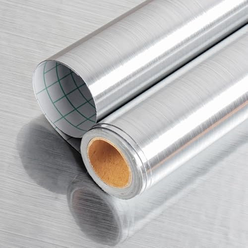 YENHOME Pellicola Adesiva Acciaio Spazzolato per Mobili Cucina Pannello da Parete 60x300cm Argento Pellicola per Cucina Mobili Adesiva con Metallic per Pareti Frigo Lavastoviglie Autoadesivo