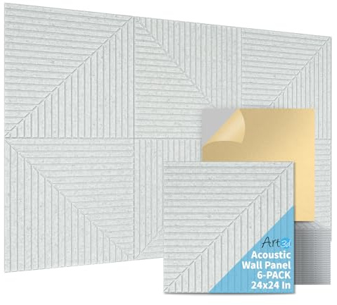 Art3d 6-Pack Self-Adhesive Acoustic Wall Panels for Home Décor, 24 x 24 Inch Soundproofing Panels for Office Studio Bedroom - High Noise Absorption Polyester Fiber, Gray