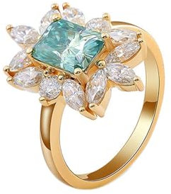 Goldring Damen 585 Echtgold 14K Damenringe Blau Aquamarin Strahlend, Damenringe Blumenform Moissanit Ring Damen Größe 63 (20.1)