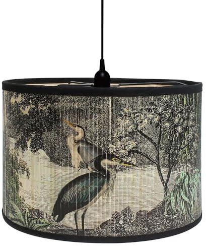 Retro Lamp Shade for E27 Lampholder, 11.8x7.9 Vintage Printed Art Deco Chandelier Cover, Unique Drum Spider Japanese Tropical Funky Decorative Bamboo Lampshade for Hanging Table Floor Light (Bird A)