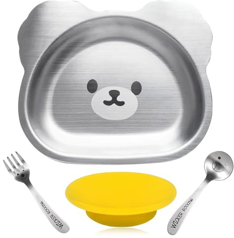 fayaahoo Edelstahl Teller Baby, Rutschfest Baby Teller mit Saugnapf, Süße Babygeschirr Kinderteller, Babyteller mit Saugnapf, BPA-Frei Edelstahlteller Kindergeschirr Set mit Kinderlöffel und Gabel