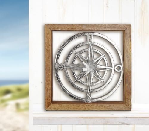 GILDE Deko Maritim Bild Kompass Windrose – Bild Wanddeko Metall Aluminium – maritime Wand Deko Silber Metall – Wandbild Dekobild zum Aufhängen Holzrahmen 20 x 20cm