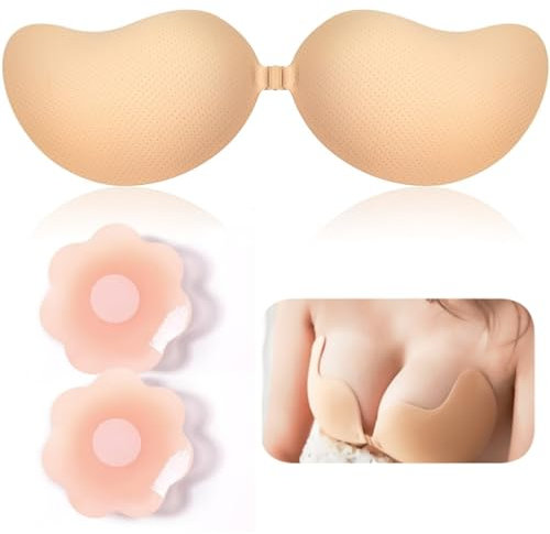ANGELEMM Sticky Bra Push Up - Invisible Stick on Bra, Silicone Women's Adhesive Push Up Bras, Reusable Strapless Backless Bras for Women Party Dress (UK, Cup & Band, A, Beige)
