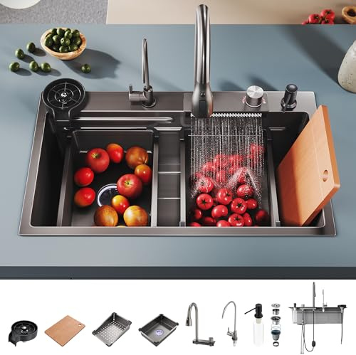 SONNI Spülbecken 75x45x23cm, Edelstahl Küchenspüle mit Wasserfall, Schwarz | Mit Ausziehbarer Wasserhahn, Wasserfilter, Gläserspüler, Abtropfwanne, Abtropfkorb, Seifenspender, Schneidebrett, Ablaufset