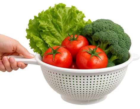 Escurridor de plástico con mango, Colador de cocina, Colador multiusos, escurridor pasta, escurridor para frutas y verduras, Diámetro superior 22 cm, Altura 10 cm, Libre de BPA, Plástico