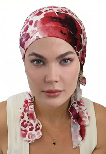 Deresina vorgebundenes Chemo-Bandana für Frauen – Weicher Bambusturban & Kopftuch bei Haarausfall & Alopezie – Atmungsaktive Kopfbedeckung (Gemustertes Burgunderrot - Einheitsgröße)