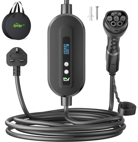 EVJUICION EV Charger Cable Type 2 to 3 Pin Plug 6M, [3kW, 6-13A] EV Charger 3 Pin Plug 0-12H Delay Timer, Type 2 Charging Cable 3 Pin with LED Display & Carry Bag, IP67/IP65 for Type 2 EVs & PHEVs