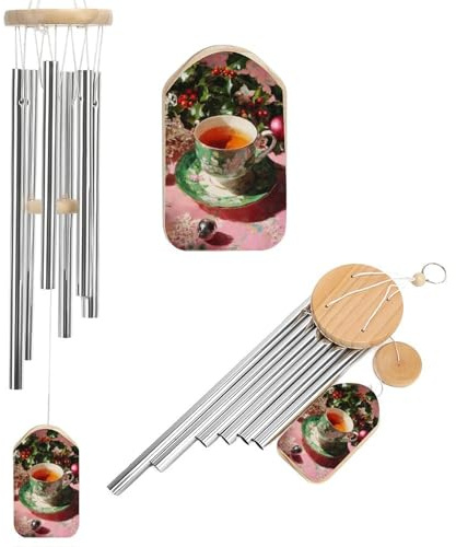 Campanilla de viento conmemorativa de tono profundo con 6 tubos de aluminio, diseño de taza de té caliente con hojas de acebo, decoración de jardín y patio trasero