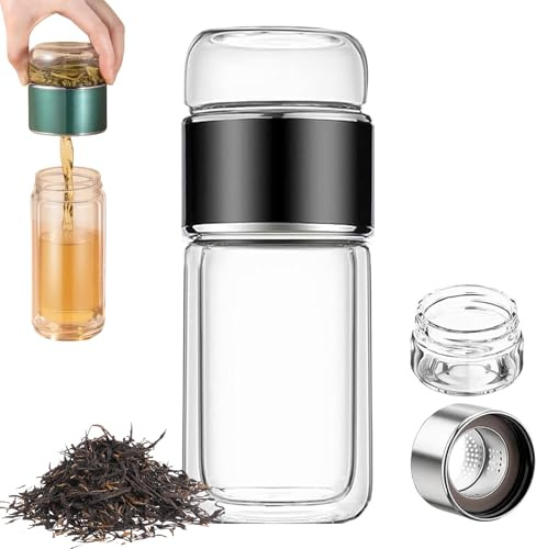 Tryteava Glass Infuser, teeglas mit sieb, glas-teeflasche mit sieb, 3-in-1 Smart Tea Infuser, Portable Glass Double Wall Tea Infusers, Tryteava Tea Pot, Hot Cold Ready, Flip & Brew Design-D||500ml