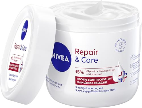 NIVEA Repair & Care Creme (400ml), feuchtigkeitsspendende & nicht fettende Körpercreme, schnell einziehende Lotion mit Provitamin B5 & Glycerin, für sehr trockene Haut