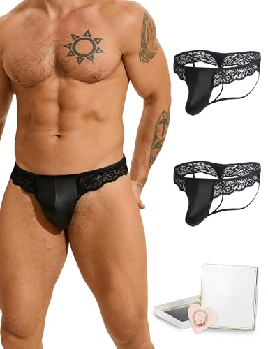 ohmydear Men's Thong Lace Trim Underwear Shiny Pouch Jock Straps for Men | Soft Stretchy,Cut Out Jockstrap,Sexy G-String Thongs,Male Lingerie,Sissy Clothing for Men,Bedroom,Daily Wear,Plus Size S-XXL