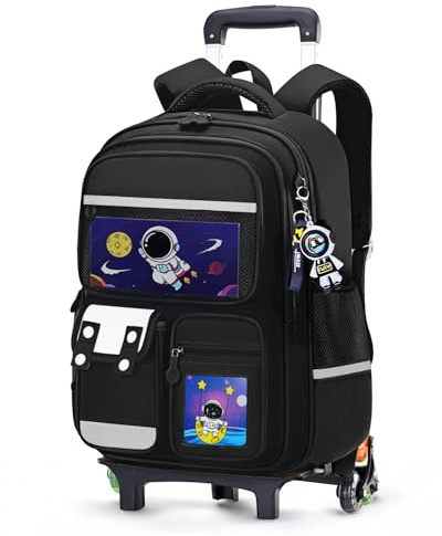 Amythe Zaino Trolley per Ragazzi 6-10 Anni, Zaino Bambino Scuola Elementare 20L con Carrello Rimovibile 6 Ruote, 20L Zaini Elementari con Rotelle per Bambini, Nero