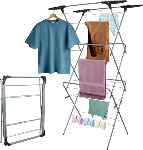 KEEMU 3 Tier Clothes Airer – Heavy-Duty Folding Laundry Drying Rack with Wing Extensions, Large Capacity Dryer Stand for Indoor & Outdoor Use – Rust-Resistant, Space-Saving Clothes Dryer (20M)