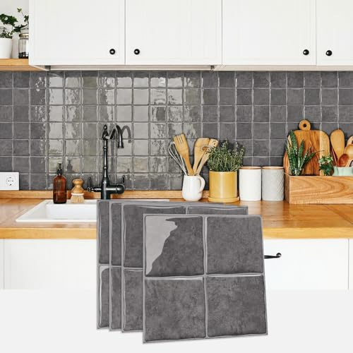 indabyo 20 Sheets Mosaic Marble Effect Tile Stickers Peel and Stick on Tile | Kitchen Bathroom Wall Self Adhesive Vinyl Waterproof Backsplash Sticky Tile Covers Decals (Dark Grey, 6x6 inches)