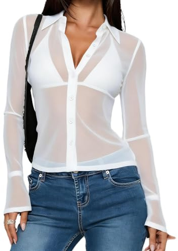 Caziffer Tee Shirt Femme Transparent Chemise Femme Boutonné Col à Revers Haut Chic et Élégant Manche Évasée Vêtement Décontracté pour Femmes