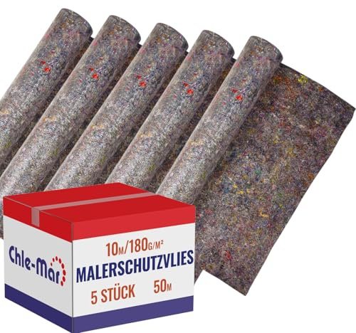 Chle-Mar 5x Malervlies 10m x 1m 180g/m², Abdeckvlies mit PE Folie | Wasserdicht & Rutschhemmend, Wiederverwendbar Renoviervlies Schutzmatte für Boden & Treppen, Malerflies Vlies für Renovierung