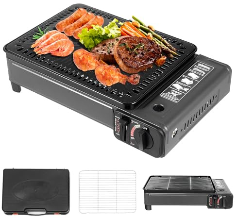 TONFEION Barbacoa de gas para camping, 2 en 1, barbacoa portátil de mesa con bolsa de transporte, plancha extraíble, hornillo de gas para cartuchos, hornillo de camping para barbacoa al aire libre