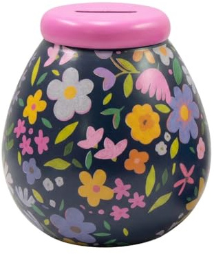 Pot of Dreams Floral Ceramic Money Bank – Hand Painted Earthenware Savings Pot, Break to Open Piggy Bank, Large Coin & Note Slot, Holds Up to £1000 in £2 Coins, Gift Saving Jar 15cm