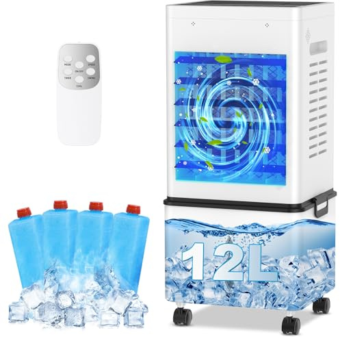 Climatiseur Mobile 12L, Refroidisseur d'Air Évaporatif avec Télécommande, 6 Vitesses et 2 Modes, Minuterie 24H, 4 Boîtes des Glacières, 45W Climatisation Portable pour Maison Bureau Chambre Cuisine
