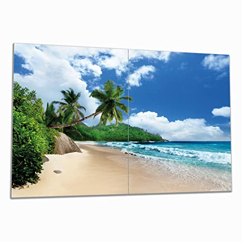 Wallario Herdabdeckplatte/Spritzschutz aus Glas, 2-teilig, 80x52cm, für Ceran- und Induktionsherde, Urlaub auf den Seychellen unter Palmen am Sandstrand