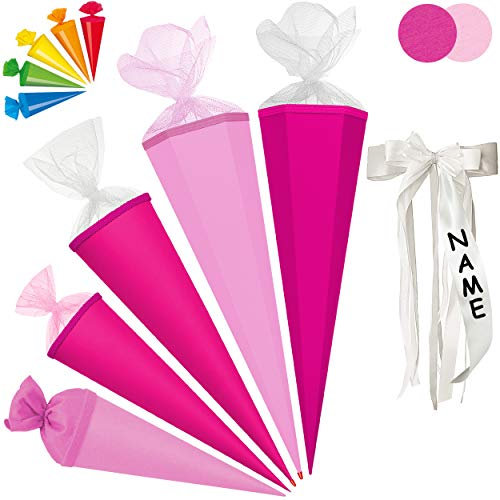 alles-meine.de GmbH Set_ Schultüte - Rohling - ROSA + 5 kleine Zuckertüten - 70 cm - rund - incl. individueller großer Schleife - mit Namen - Tüllabschluß - mit/ohne Kunststo..