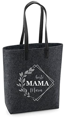 minimutz Filztasche 'Beste Mama' | Damen-Tasche mit Motivdruck | Bedruckt und Personalisiert mit Blumenkranz und Spruch | Shopper Geschenk Mama Oma (Dunkelgrau)