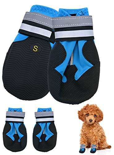 Hundeschuhe,4 STK wasserdichte Hundeschuhe mit reflektierenden Riemen Anti-Rutsch-Sohle Outdoor Pfotenschützer Hundeschuhe für kleine mittelgroße Hunde Winter,Blau (S)