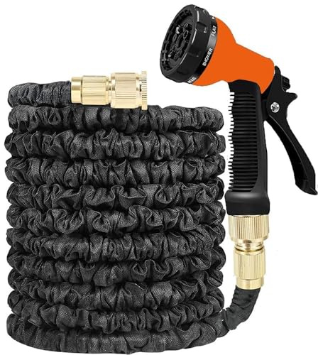 Expandable Flexible HOSEPIPE Garden Hose Pipe Magic Snake + Gun Watering Outdoor Water Sprayer Connector Fittings Lightweight Reel Nozzle Compact Space Saving (150FT, Black with Brass Fittings)